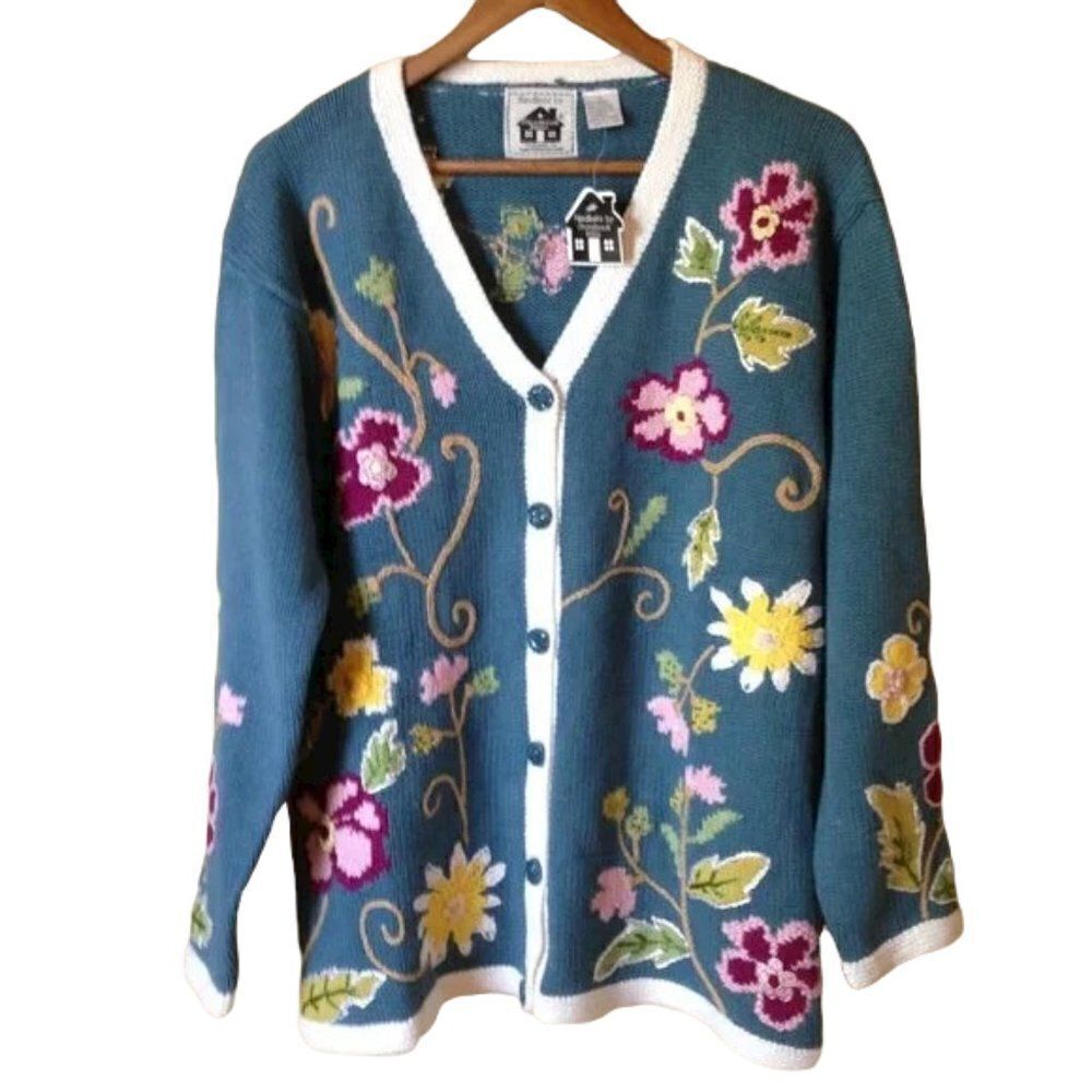 New Storybook Knits Blue Floral Button-Front Cardigan Sweater Large NWT…